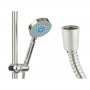 A shower head with a hose to direct the flow With support Silver Metal